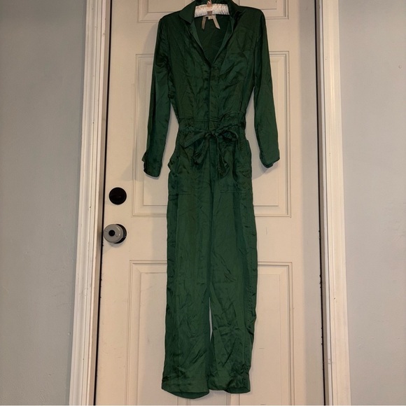 Guadalupe Pants - Guadalupe Design Emerald Green Long
Sleeve Cotton Lining Utility Silky Jumpsuit